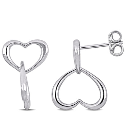 Silver Double Heart Drop Earrings