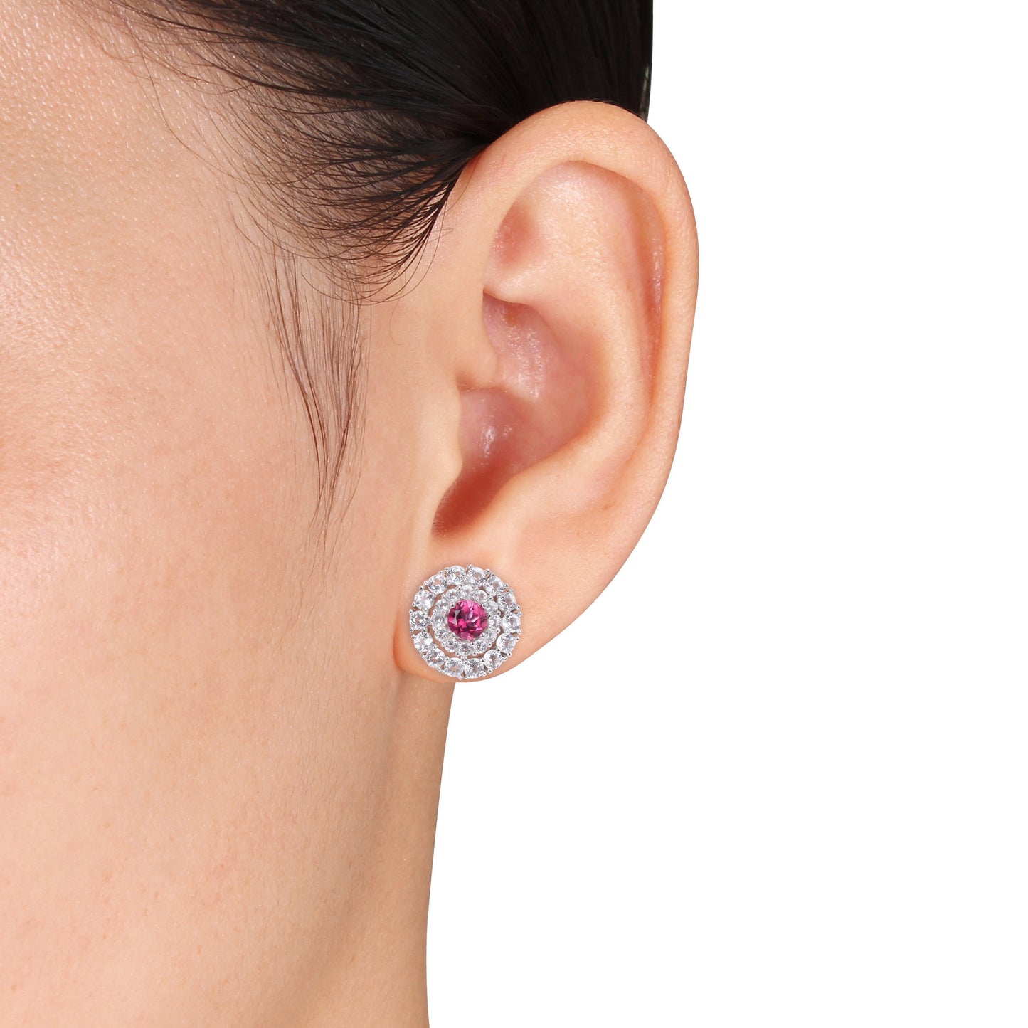 Pink and White Topaz Double Halo Stud Earrings