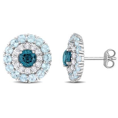 Blue and White Topaz Double Halo Earrings