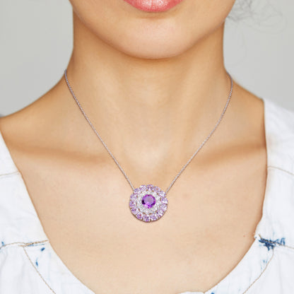 Double Halo Necklace In Amethyst-Africa Amethyst and White Topaz