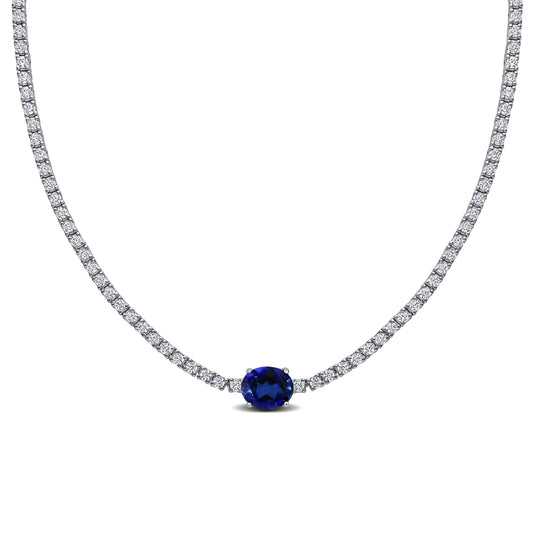 Created Blue And White Sapphire Solitaire Necklace In Sterling Silver