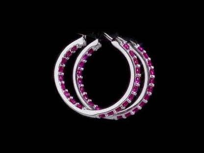 3 1/5 CT TGW Created Ruby Hoop Earrings Silver