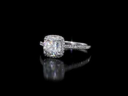 2ct Dew cushion created moissanite and 1/4ct tw diamond halo engagement ring in 14k white gold