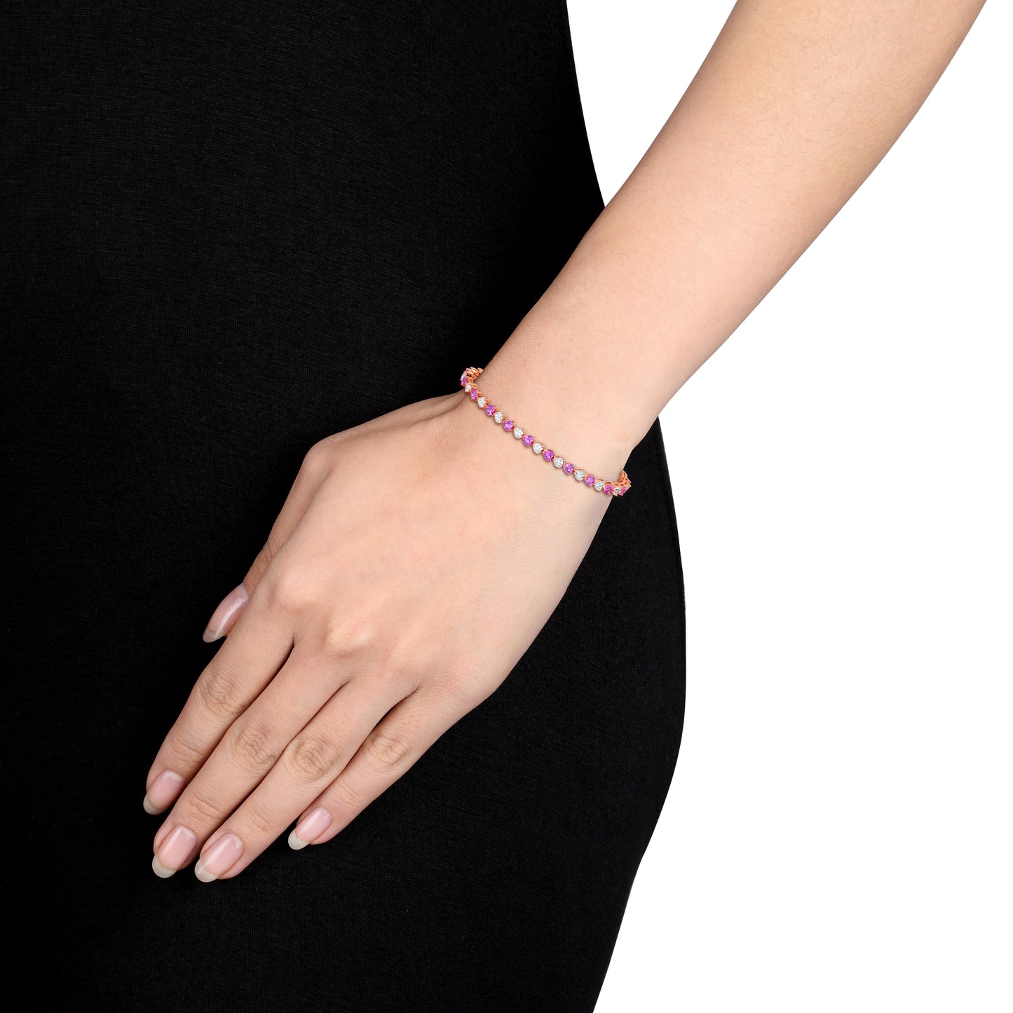 Pink and White Heart Cut Sapphire Bracelet in Rose Silver