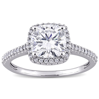 2ct Dew cushion created moissanite and 1/4ct tw diamond halo engagement ring in 14k white gold