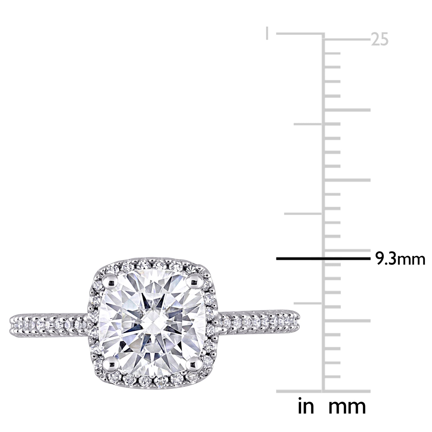 2ct Dew cushion created moissanite and 1/4ct tw diamond halo engagement ring in 14k white gold