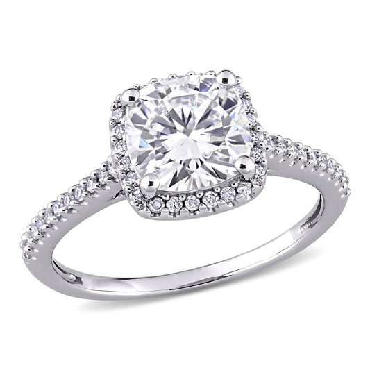 2ct Dew cushion created moissanite and 1/4ct tw diamond halo engagement ring in 14k white gold