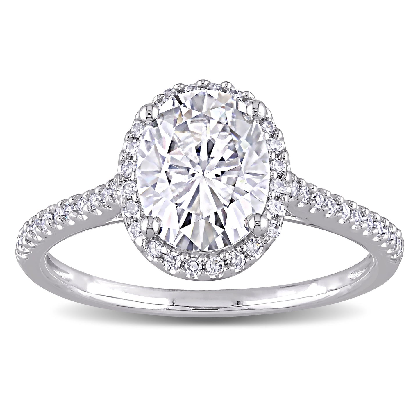 2ct Dew oval created moissanite and 1/4ct tw diamond double halo engagement ring in 14k white gold