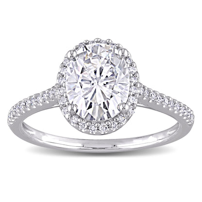 2ct Dew oval created moissanite and 1/4ct tw diamond double halo engagement ring in 14k white gold