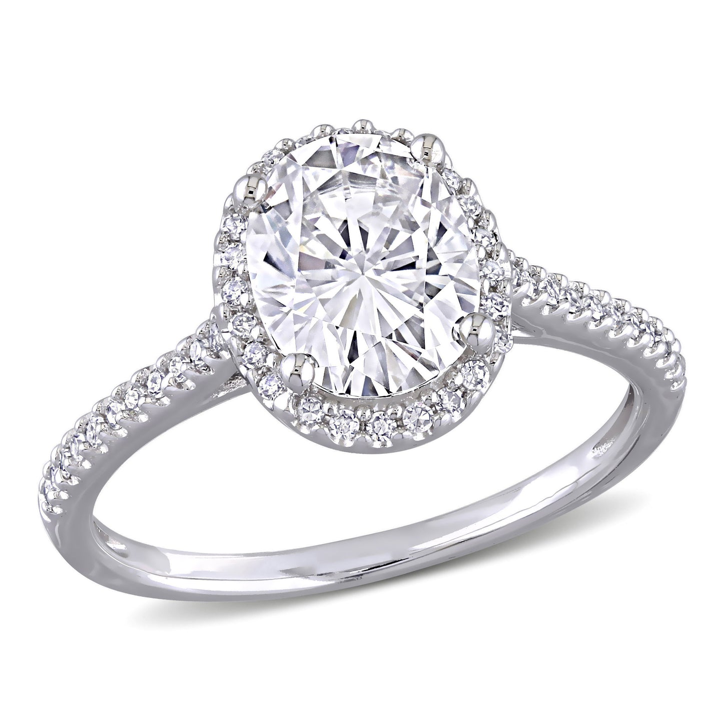 2ct Dew oval created moissanite and 1/4ct tw diamond double halo engagement ring in 14k white gold