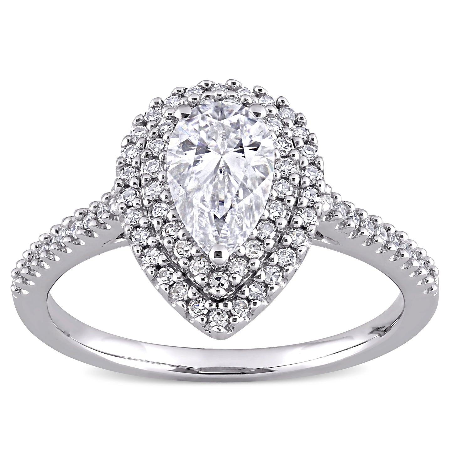 1ct Dew created moissanite and 1/3ct tw diamond teardrop halo engagement ring in 14k white gold