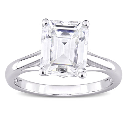 3 1/2ct Dew emerald cut created moissanite solitaire ring in 10k white gold
