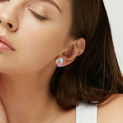 Multi Color Cluster Stud Earrings Pink Plated