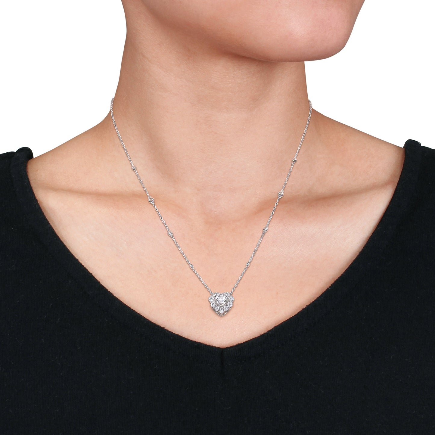 2 ct Moissanite Heart Station Necklace with By-The-Yard Silver Chain 18 inch