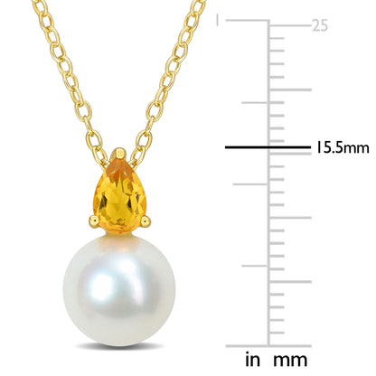 0.45 CT TGW Citrine And 8.5 - 9 MM White Freshwater Cultured Pearl Fashion Pendant With Chain Yellow Silver