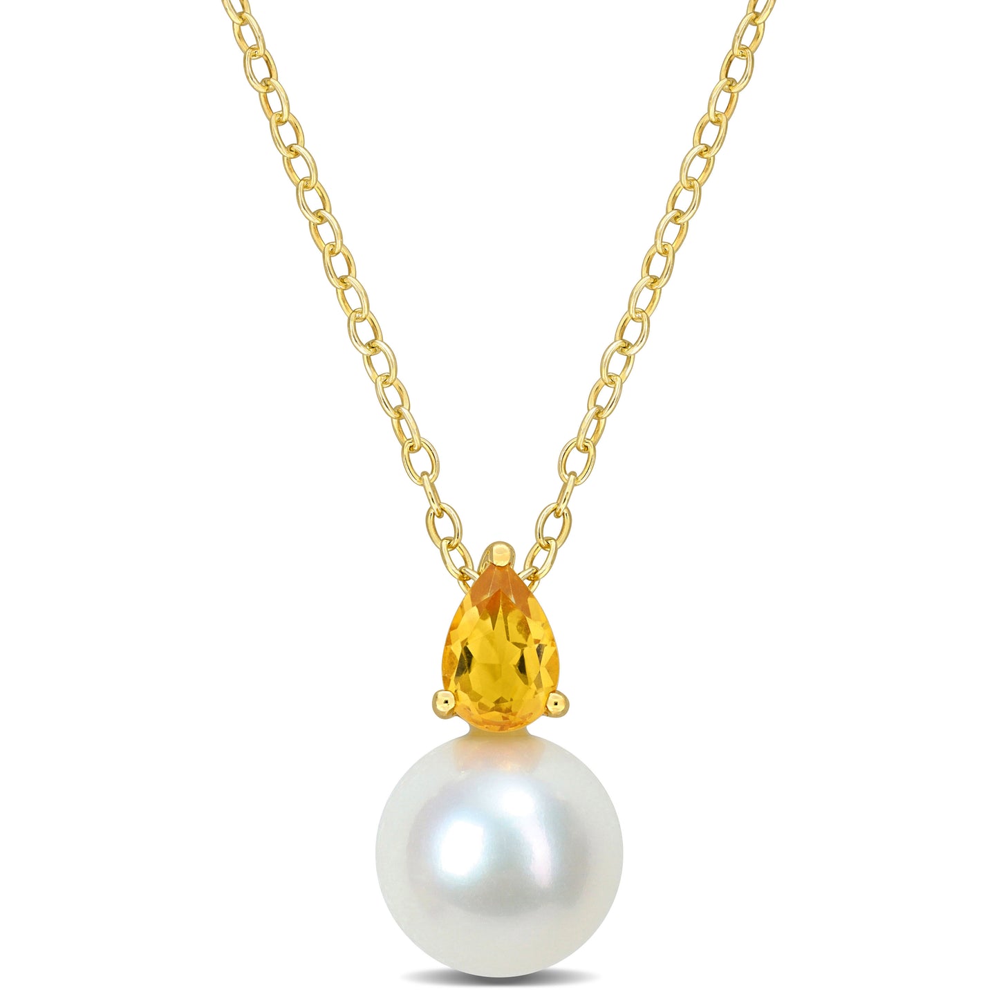 0.45 CT TGW Citrine And 8.5 - 9 MM White Freshwater Cultured Pearl Fashion Pendant With Chain Yellow Silver