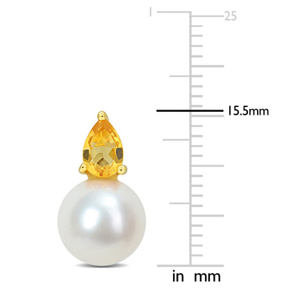 3/4 CT TGW Citrine And 8.5 - 9 MM White Freshwater Cultured Pearl Fashion Post Earrings Yellow Silver