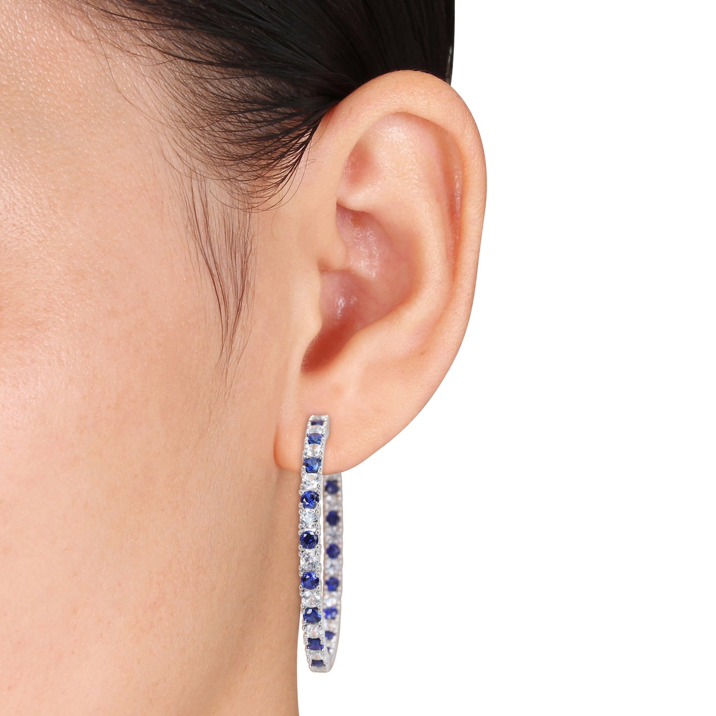 10 2/5 ct TGW Created blue sapphire created white sapphire hoop earrings silver