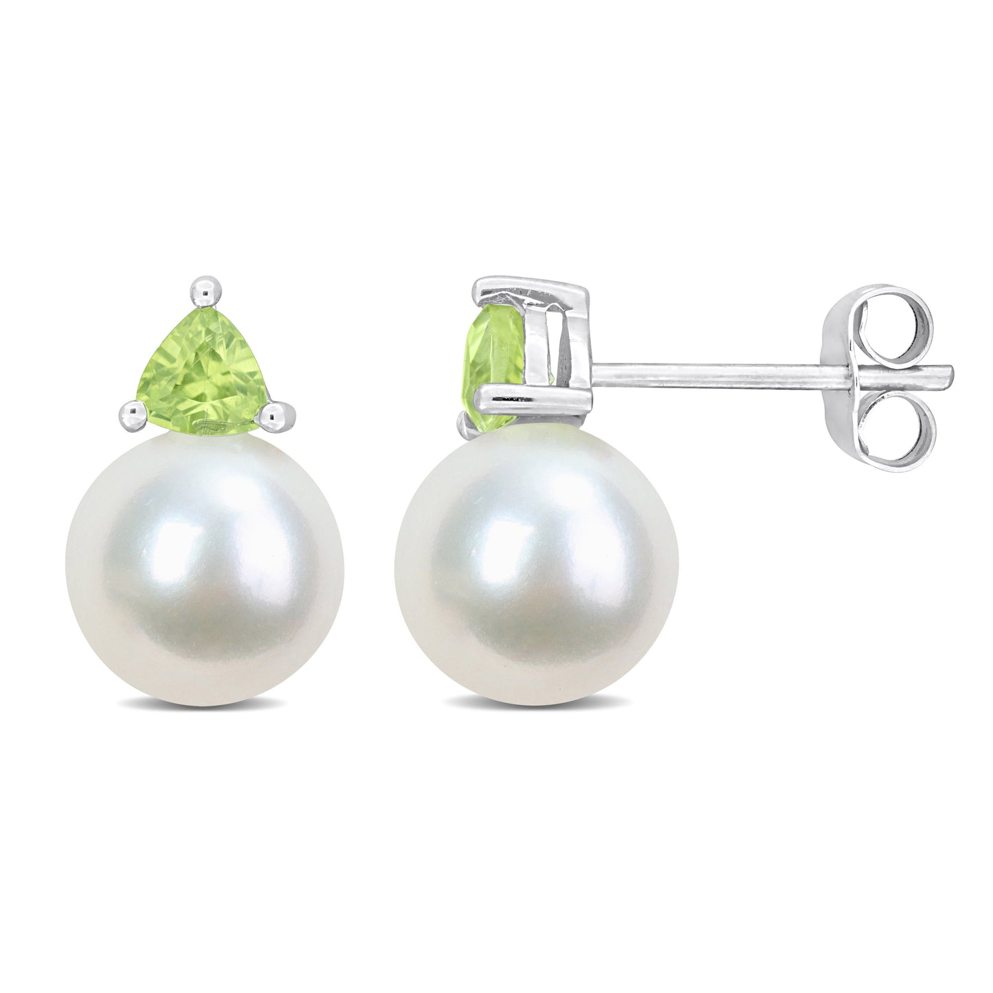 3/5 CT TGW Peridot And 8 - 8.5 MM White Freshwater Cultured Pearl Fashion Post Earrings 10k White Gold