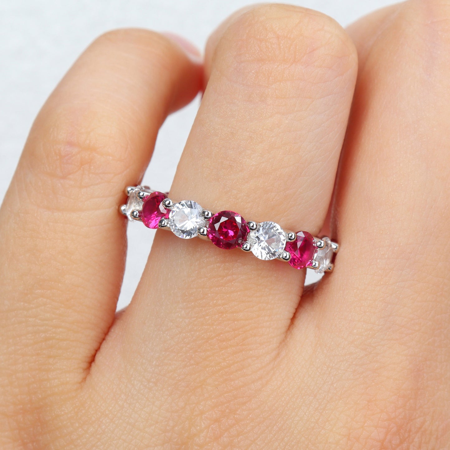 5 CT TGW Created Ruby Created White Sapphire Eternity Ring Silver