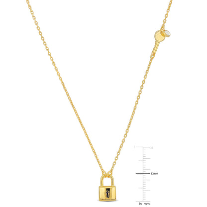 KIDS/TEENS Silver Yellow Lock and Key Necklace & White enamel on diamond Cut cable Chain w/lobster clasp Length (inches): 16+2 ext.