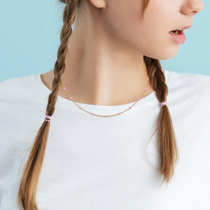 KIDS/TEEN Silver Yellow 1.5mm Ball Link Necklace w/ Pink enamel and Lobster Clasp Length (inches): 15+2 ext.