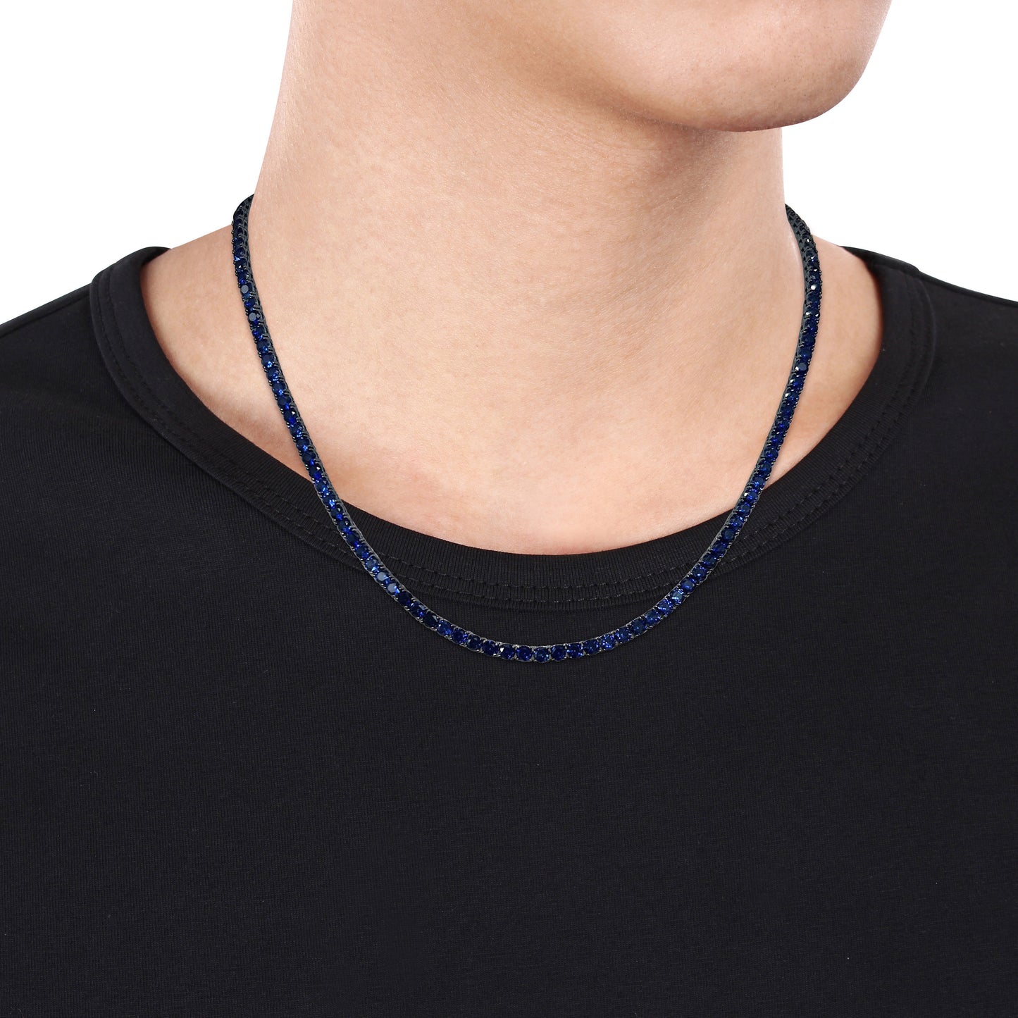 Mens 40 ct TGW 4mm round created blue sapphire necklace w/ box clasp silver white black rhodium plated length (inches): 20