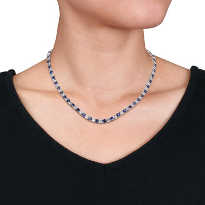 33 ct TGW Created blue sapphire and created white sapphire necklace silver white tongue and groove clasp length (inches): 17