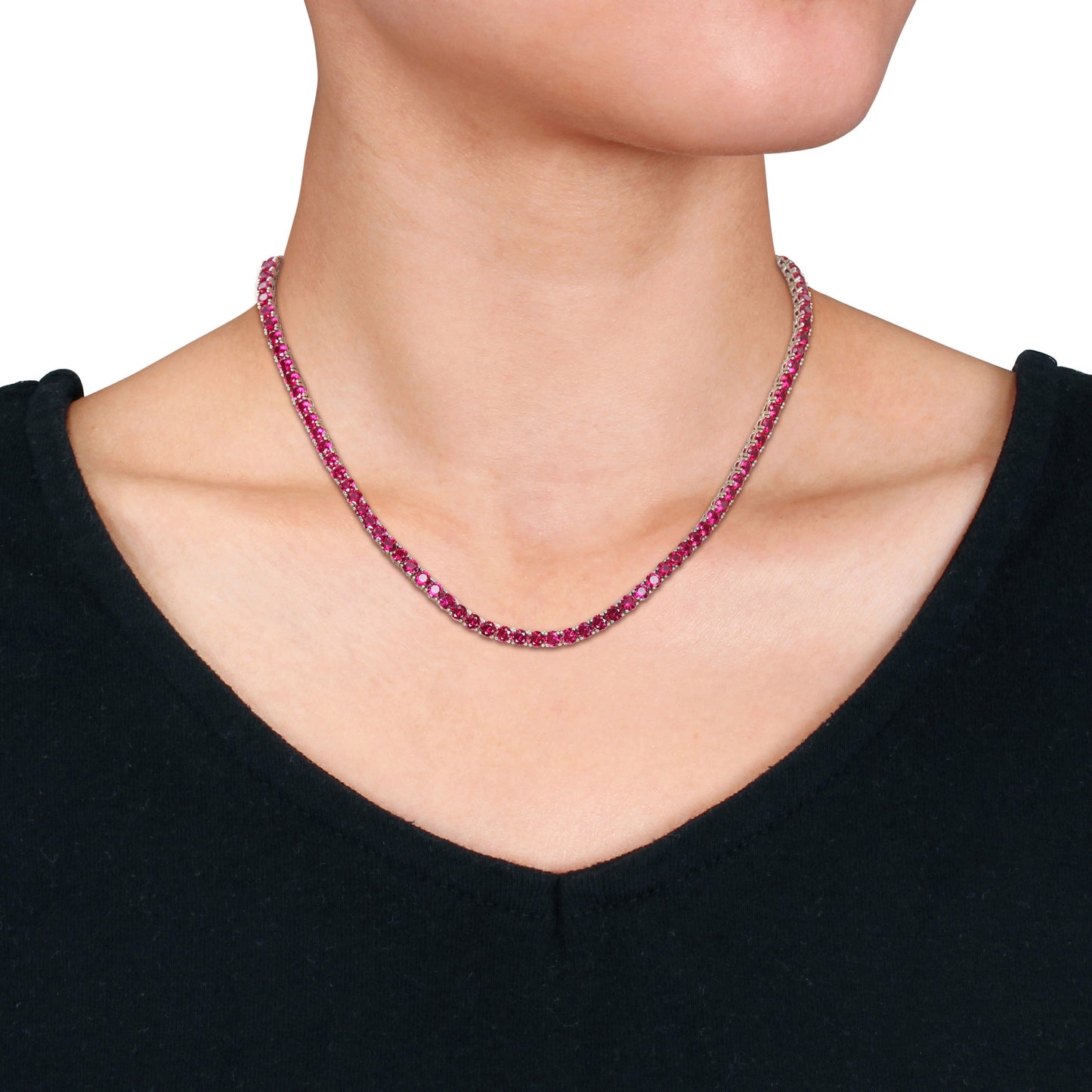 30 ct TGW Created ruby necklace silver white w/ lobster claw clasp length (inches): 17+3 ext.