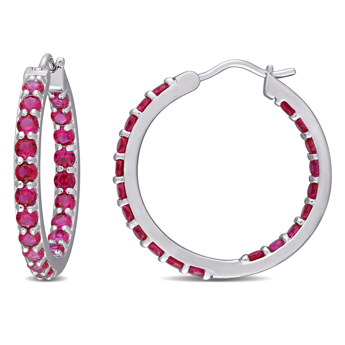 3 1/5 CT TGW Created Ruby Hoop Earrings Silver